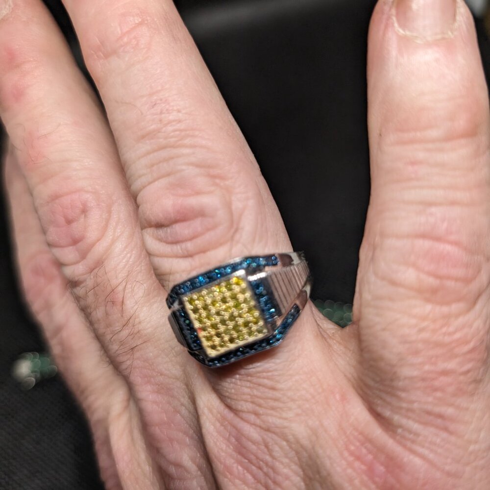 Blue and yellow diamond on Sterling silver ring - Picture 2 of 3